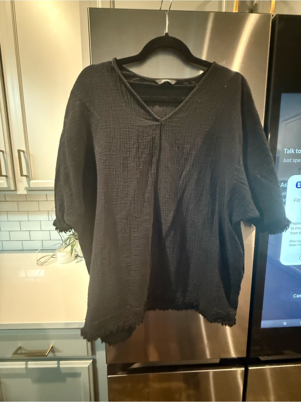 Aritzia Black Textured V-Neck Tunic with Frayed Hem